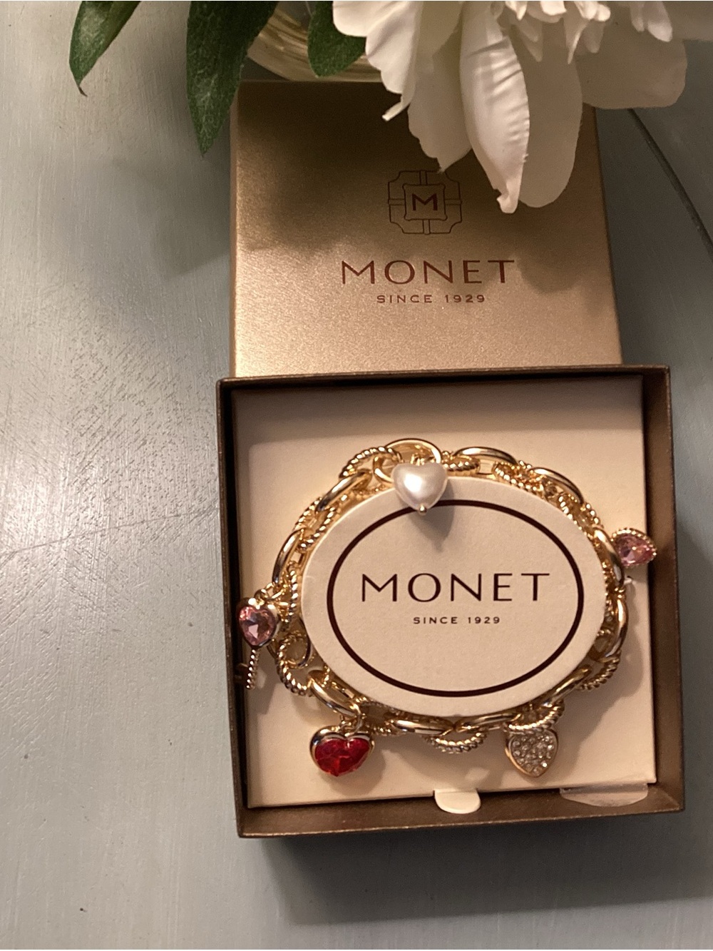 Monet Gold-Tone Heart Charm Bracelet with Red Gold and Crystal Hearts NWT